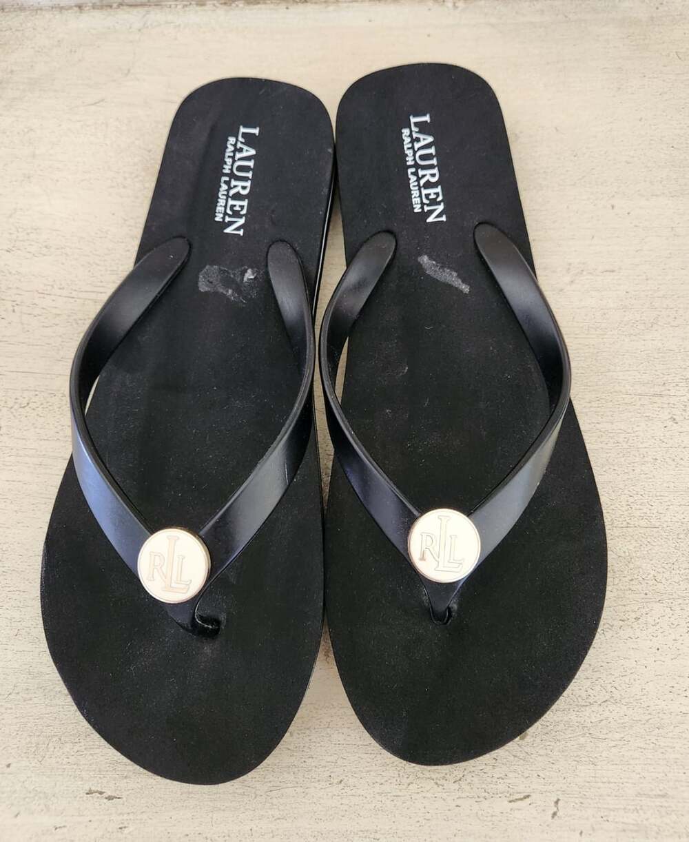 Lauren Ralph Lauren Flip Flops Elissa II Sz 9/10 Black Gold LRL Logo Sandals